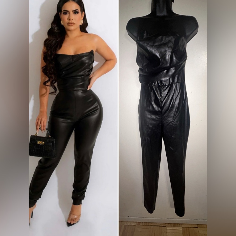 PU Leather Strapless Folds Back Zipper Jumpsuit
